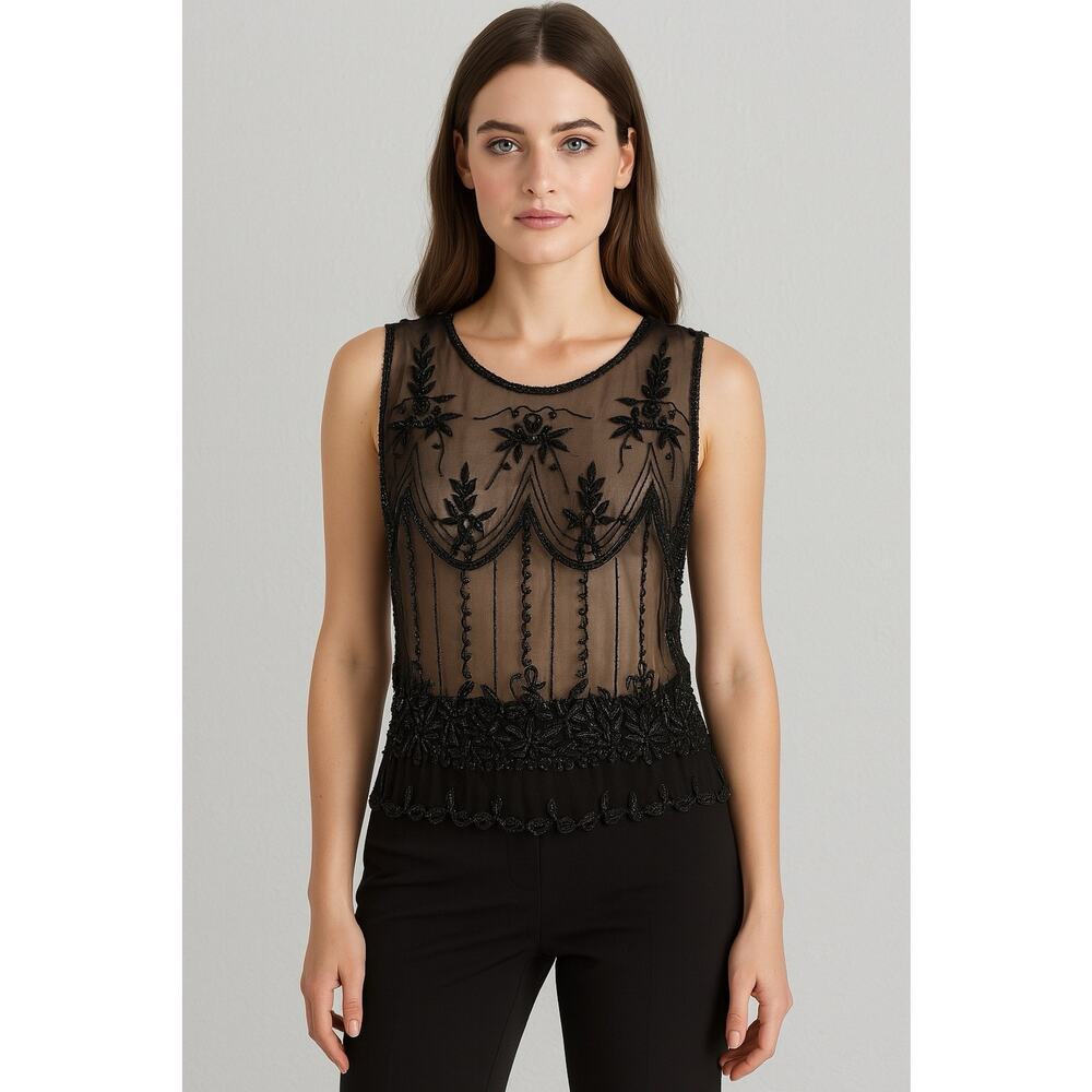 LAURA VOGEL Vintage Silk Shear Sequin Beaded Scalloped Tank Top Blouse Size S